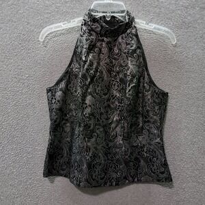 Michaelangelo Women Top 8 Black Floral Blouse Metallic Sleeveless Mock Neck